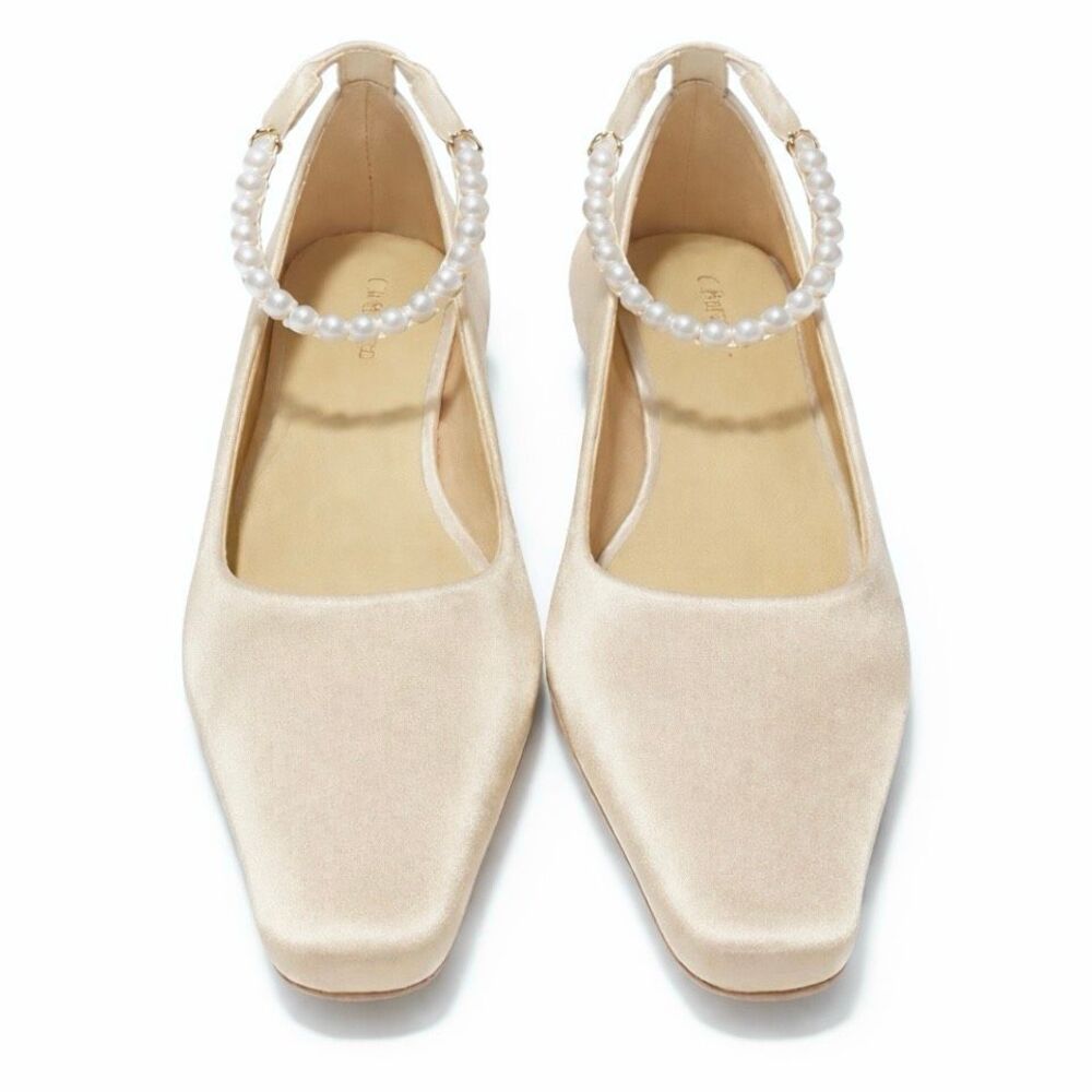 C Paravano Pearl Mary Jane Heels Satin Ivory Women 7.5 (38) Bridal Coquette Luxe